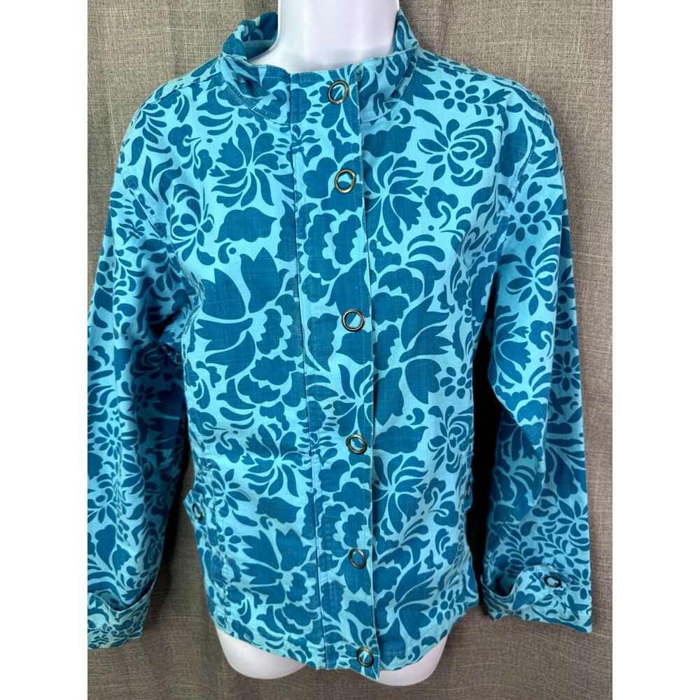 Coldwater Creek Jacket Aqua Blue Denim Snap Zip Floral Pockets Size Medium